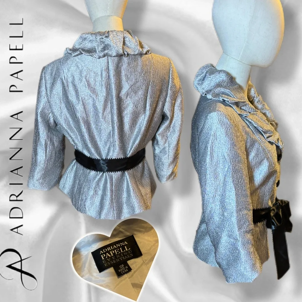 Adrianna Papell Evening Essentials Silver Metallic Ruffle Evening Jacket 10P - Picture 2 of 9